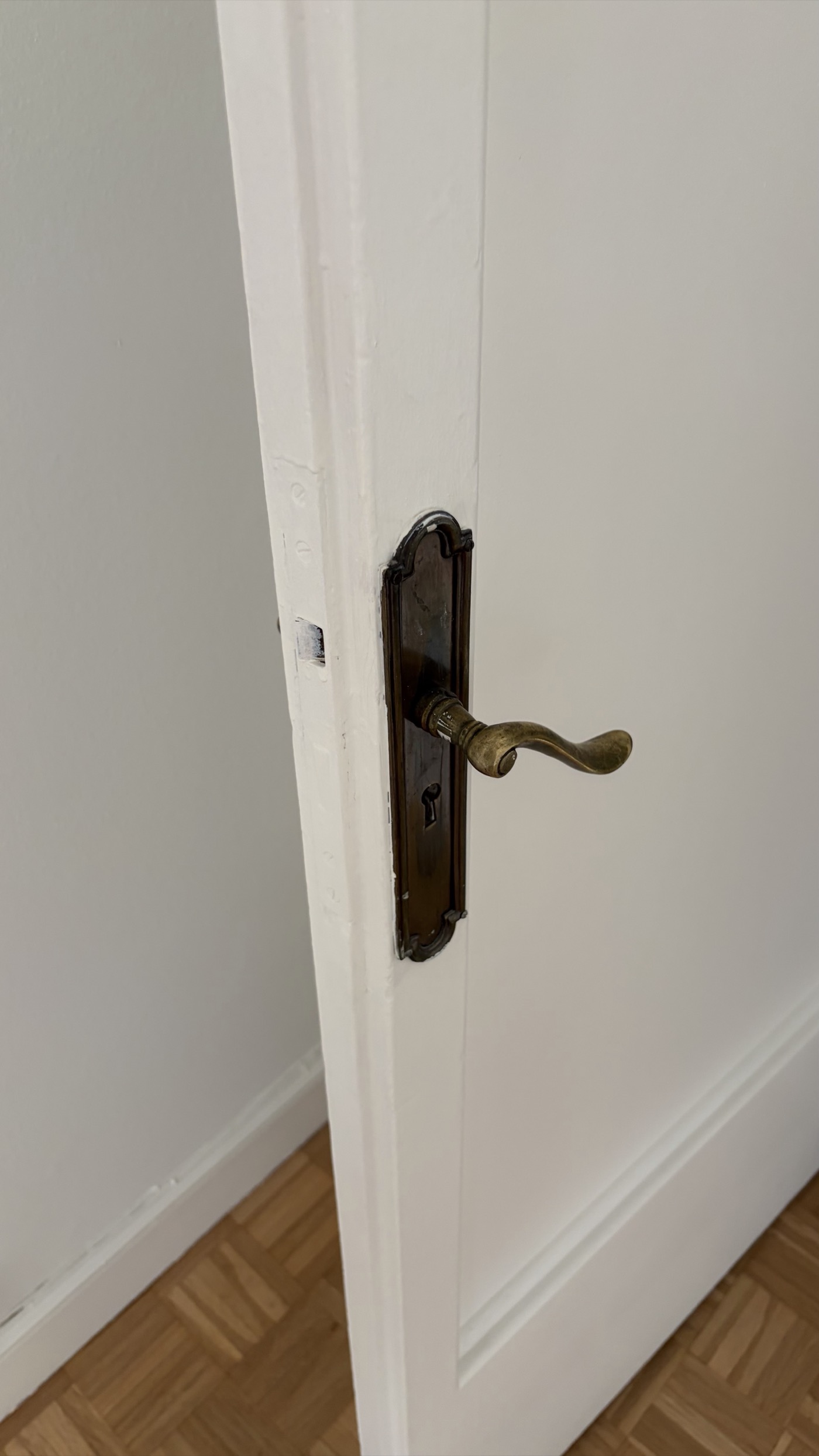 Antique brass door handle with backplate and keyhole on a white door