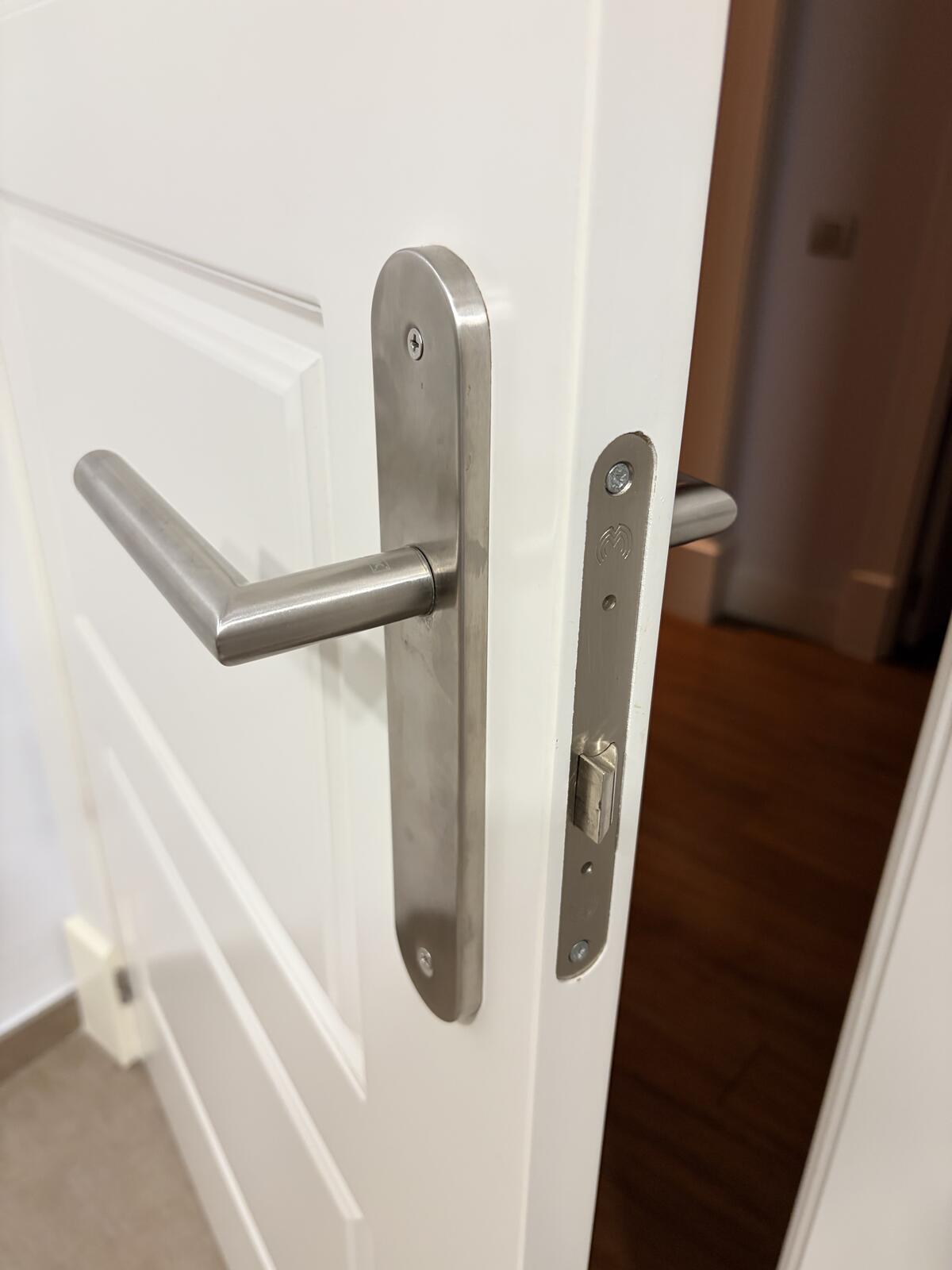 Interior door handle showing the base plate and mounting hardware